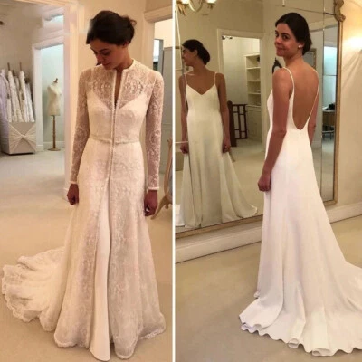 Vintage Satin Wedding Dresses with Detachable Long Sleeves Jacket Bridal Gowns - Image 1 of 4