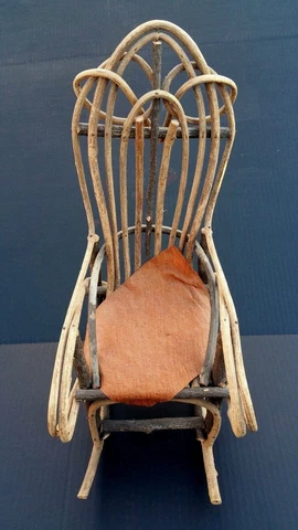 Antique Folk Art Rocking Chair Doll Size Pine Hide Seat Cushion 18.5" X 7" Cover
