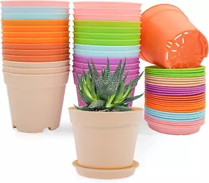 4 Inch Plant Pots Set of 28 Colorful Plastic Planters with Drainage Saucers - Picture 1 of 6