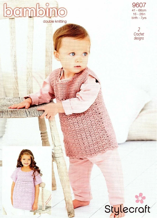 Stylecraft 9607 Knitting Pattern - Crochet Cabbage Patch Dress In Bambino DK  - Image 1 of 1
