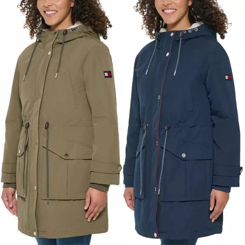 NUEVO CON ETIQUETAS Tommy Hilfiger Damas Parka Chaqueta Acogedora Forrada Capucha Acanalada Puño Tormenta B41 Foto 1 de 1