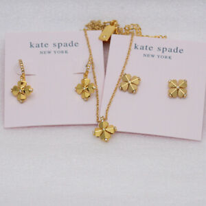 Kate Spade Jewelry Stud Earrings Clover Necklace Gold Tone Heart cz For Girls