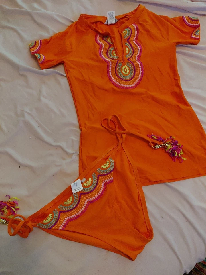 Conjunto Top y Bikini Trina Turk Rashguard S/M Naranja Bordado Foto 1 de 4