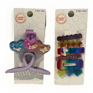 Wonder Nation 8 Hair Clips Multi & Unicorn/Hearts & Confetti Girls Ages 3+ NEW - Picture 1 of 21