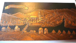 Kupferstich Stadtansicht mit Fluss - Größe 80 cm x 42 cm x 2,2 cm - Bild 1 von 6