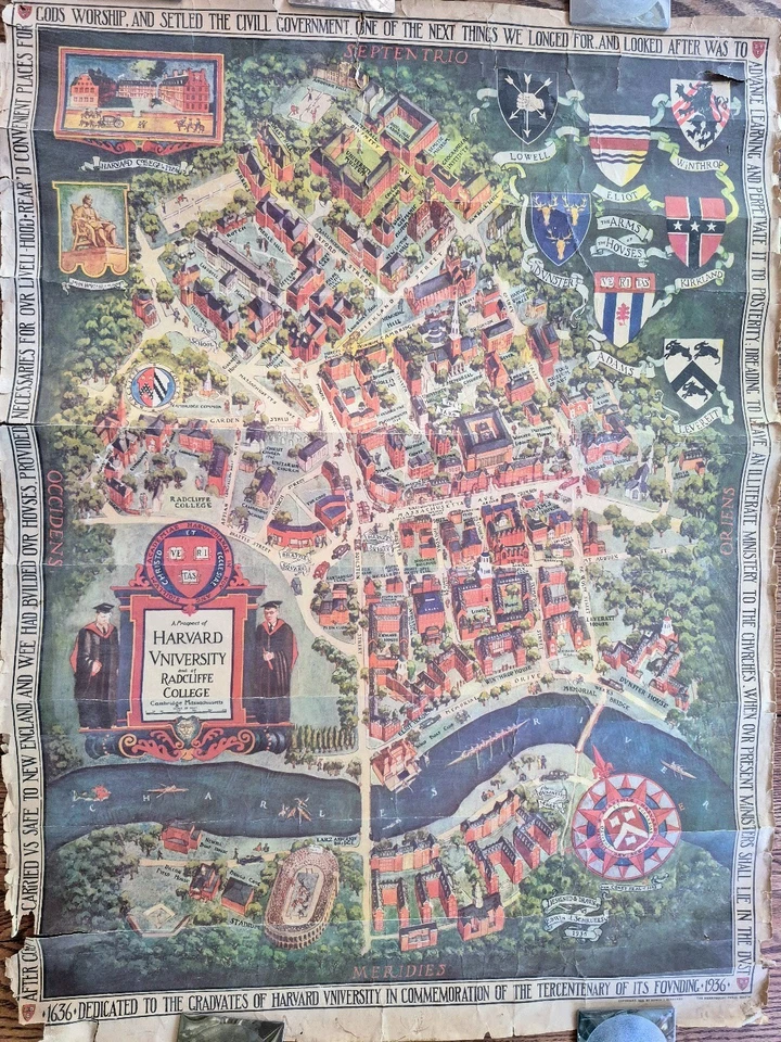Mapa del campus de la Universidad de Harvard c. 1940 plano pictórico detallado Harvard Square Foto 1 de 1
