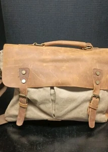 Ecosusi Mens Genuine Leather Khaki Canvas Retro Style Messenger Weekend Bag NEW - Picture 1 of 19