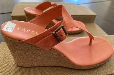 NUEVO EN CAJA Sandalias Lauren by Ralph Lauren Naranja Claro Corcho Cuña Plataforma Tanga 10 NUEVAS Foto 1 de 4
