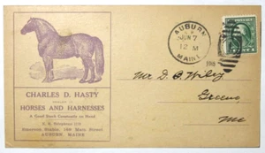 Postcard for Charles D. Hasty dealers in Horses & Harnesses, Auburn, ME. 1915. - Picture 1 of 2