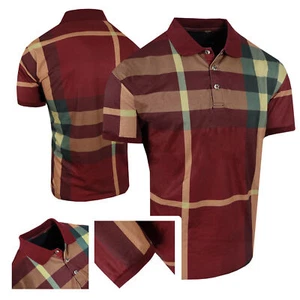 Men Plaid Polo Shirt Designer Burgundy Stripes Stretch 3 Button SLIM FIT 3X 4X - Picture 1 of 6
