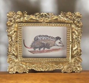 Opossum Family mini art watercolor print in gold vintage style ornate frame - Picture 1 of 4