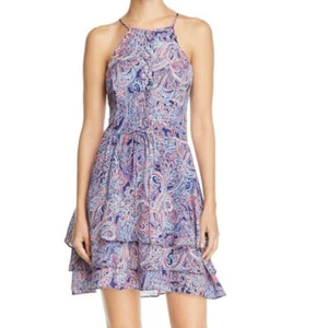 Mini Vestido con Volantes PARKER Designer Dax Rojo, Blanco y Azul Corbata de Cachemira $298 EE. UU. - Imagen 1 de 3