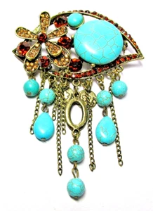 Large Gold Tone Turquoise Flat Bead & Brown Crystal Flower Pin - NWOT (#2159) - Picture 1 of 7