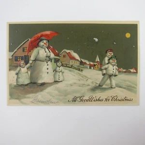Christmas Postcard Anthropomorphic Snowman Family Houses Night Embossed Antique - Picture 1 of 15
