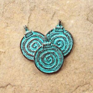 Spiral Antique Copper Tone Mykonos Charm with Green Patina 2 Sided - BC1579