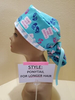 Labor & Delivery Footprints #2 L&D Women's Ponytail Surgical Scrub Hat/Cap  - Image 1 of 4