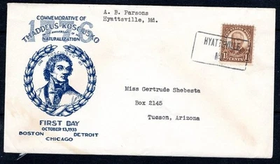 US 1933?  #684  1-1/2c Harding  w/Kosciusko cachet -  A sq, Maryland hand cancel - Image 1 of 2