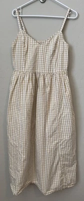 Vestido Old Navy L Maxi Tan Branco Gingham Feminino Vestido de Verão Prairie Cottage Core Fall - Imagem 1 de 4