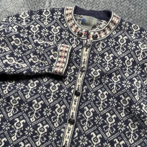 VTG Squaw Valley Wool Cardigan Sweater Unisex L Blue White Nordic Knit Fair Isle - Picture 1 of 10