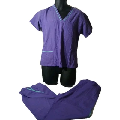 Urbane Scrub Set Purple With Teal Trim Top And Bottoms Both Size Medium - Image 1 of 4