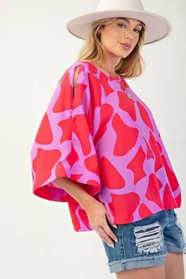 New Easel Women's Geometric Blouse Pullover Woven Wide Sleeve Plus Size 1X Pink - Image 1 of 3