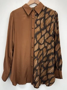 Vtg Bob Mackie Wearable Art size Medium Women’s Brown Black Silk Button Up Top - Picture 1 of 8