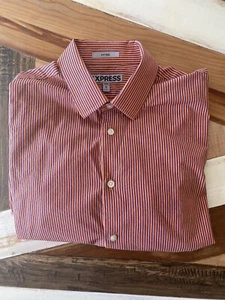 Express Fitted Mens Dress Shirt Coral Striped Medium 15-15 1/2 - Picture 1 of 7