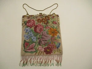 Antique Micro Beaded Purse Flowers Floral Design Ornate Brass Inlaid Frame  - Picture 1 of 12