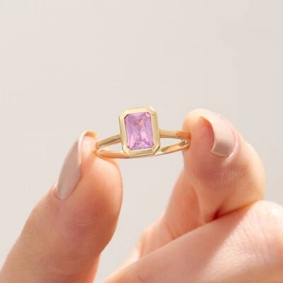 Dainty Radiant Cut Amethyst 14K Yellow Gold Plated On 925 Silver Engagement Ring - Image 1 of 4