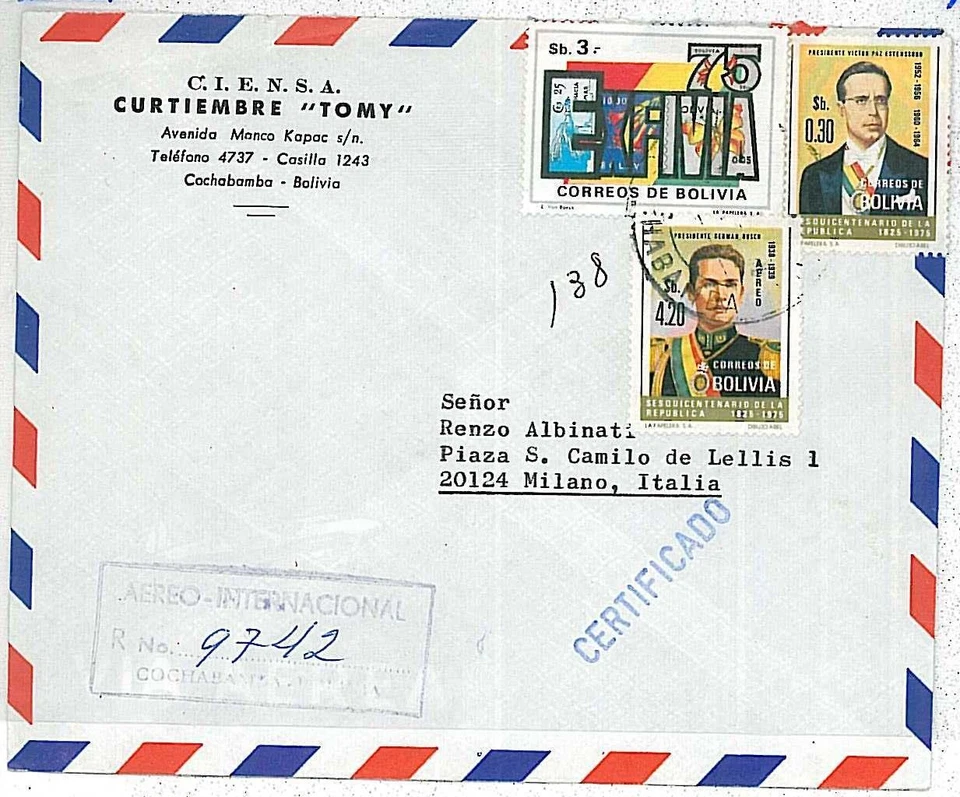 27346 - BOLIVIA - HISTORIA POSTAL: CUBIERTA DE CORREO AÉREO CERTIFICADO a ITALIA - MARIPOSAS Foto 1 de 1