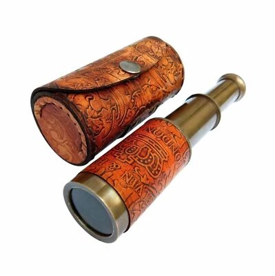 Antiguo Telescopio Náutico de 6"" Latón Espía Mira Pirata con Caja de Cuero Foto 1 de 4