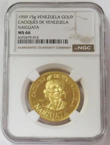 1959 GOLD VENEZUELA NAIGUATA CACIQUES CHIEF 15 GRAM NGC MS 66 - Picture 1 of 2