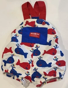 Vtg OshKosh Baby B’gosh USA Whale Vestbak Overalls Bubble Short Romper 3/6 Month - Picture 1 of 6
