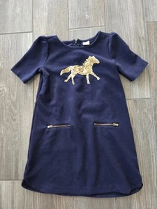 Gymboree Unicorn University 6 Sequin Unicorn Dress Gold Navy Ribbed .VGUC - Picture 1 of 6