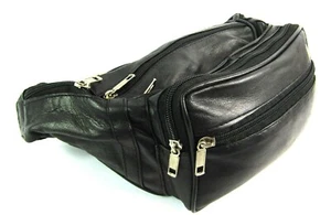 Unisex Super Soft Leather Black Bum Bag Money Travel Waist Belt Wallet Festival - Picture 1 of 12