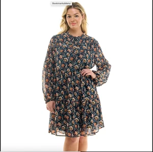 New! Women's Plus Size Luxology Tie Neck Babydoll Dress, Blue Floral Print, 3X - Bild 1 von 1