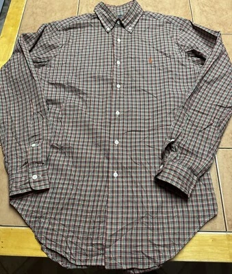 Camisa Ralph Lauren algodão laranja vermelho verde xadrez botão frente tamanho pequeno - Imagem 1 de 4