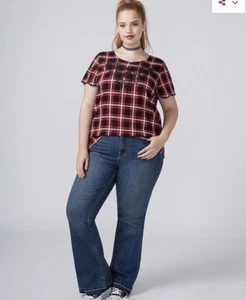 Lane Bryant Damen Größe 16 Fast Lane kariertes Bauerntop schwarz Blumen bestickt 1X - Bild 1 von 5