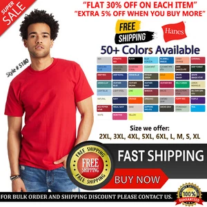 Hanes 5180 Mens Short Sleeve Beefy Plain Cotton Crew Neck Blank T-Shirt - Picture 1 of 37