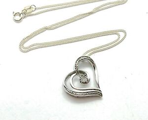 Sterling Silver Genuine  Diamond Heart Pendant Necklace