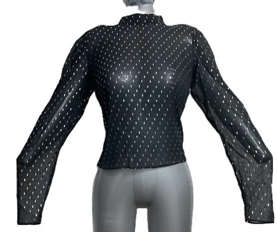 Bar III Seeing Red Blouse Women's Medium Deep Black w/Silver Design Long Sleeve - Image 1 of 4