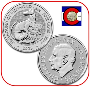 2025 Royal Tudor Beasts Greyhound BU 2 oz Silver Coin in direct fit capsule - Picture 1 of 3