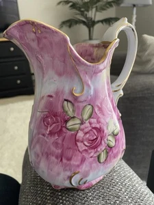 PRETTY VINTAGE LIMOGES CHINA PINK FLORAL GOLD TRIMMED WATER PITCHER 7" - Picture 1 of 6