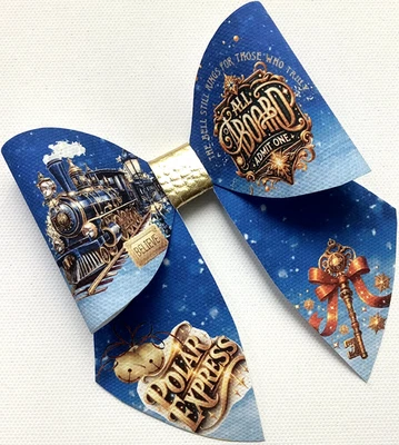 NAVY POLAR EXPRESS XMAS SAILOR BOW PRINTED CANVAS FABRIC BOW TEMP MAKE HAIR BOWS - Image 1 of 3