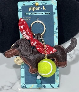 Piper K Dachshund Dog Bag Charm Key Chain Red Bandana Tennis Ball Beaded NEW - Picture 1 of 9