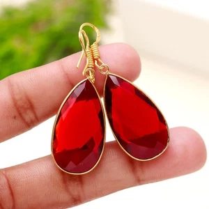 Garnet Gemstone Handmade Gold Plated Teardrop 925 Sterling Silver Earring 1.5" - Picture 1 of 6
