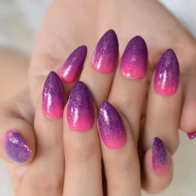 24 Medium Press on nails kit w glue purple pink ombre gradient almond - Image 1 of 4