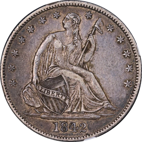 1842-O Seated Half Dollar Medium Date NGC AU53 Superb Eye Appeal Strong Strike Cover