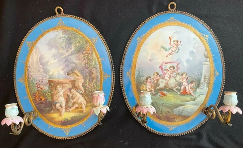 Sevres Mid 18th Century Large Wall Porcelain and Ormolu Sconces Cover