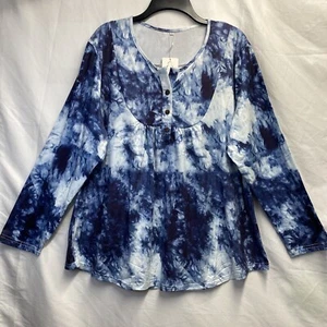 Aurissy 3 Button V-Neck Long Sleeve Tunic Shirt Women 16W Blue Tie Dye Flowy Top - Picture 1 of 22